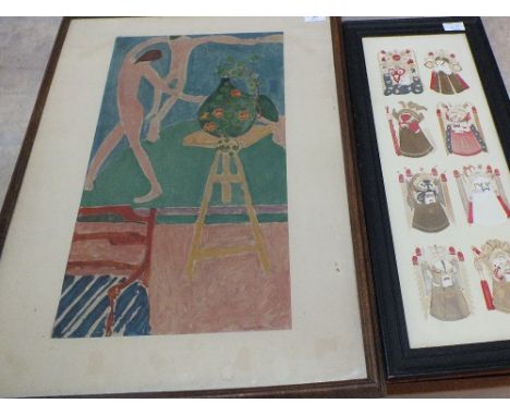 An Ancre Pils tin thermometer sign, Matisse print plus one other