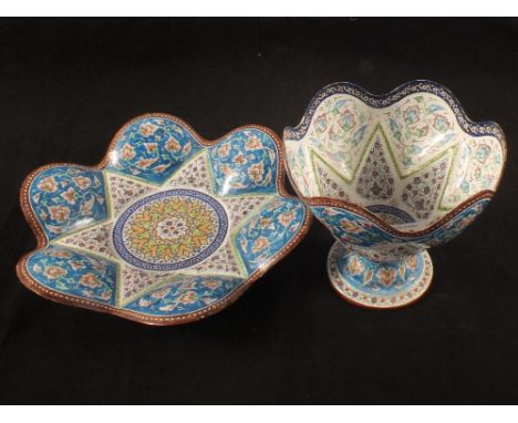 A Persian floral painted enamel shaped edge plate and vase