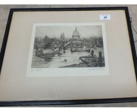 An etching of St Pauls, signed Marie, 7" x 9"