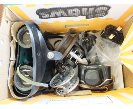 Various fishing reels, Ross 10x50 tropical binoculars plus a camera