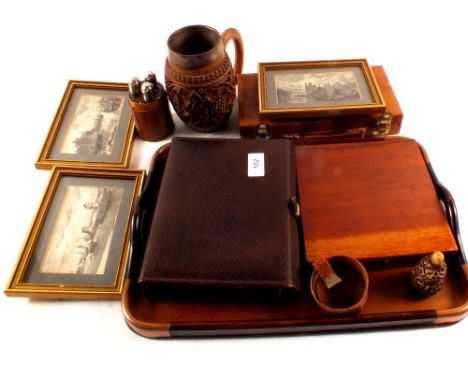 A mahogany cased compass, two games compendiums etc including inlaid tray