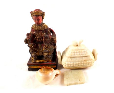 A Chinese giltwood figure of an Emperor plus jade, agate and soapstone carved items