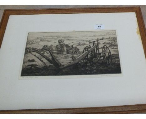 A signed etching 'The Old Plough Cart' 1935, 7" x 13"