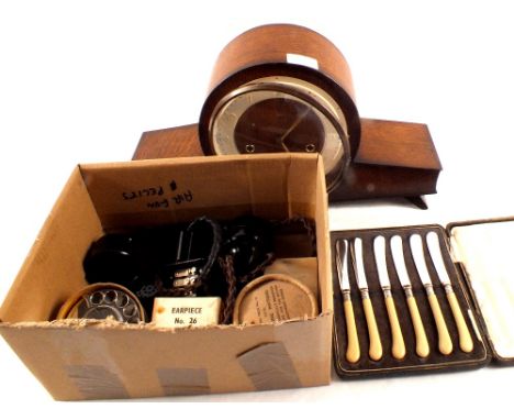 A Smiths oak chiming mantel clock, telephone parts plus boxed tea knives