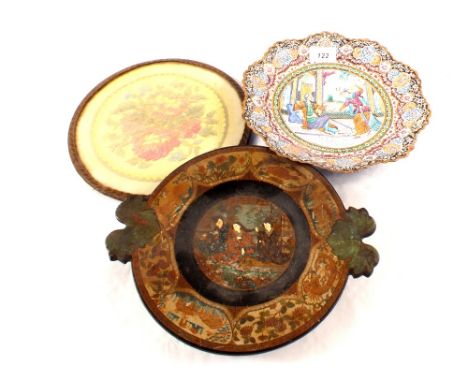 A Persian painted enamel plate plus two others