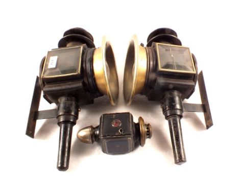 A pair of vintage car lamps (side glass damage) plus a cycle lamp with blue glass panel
