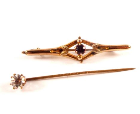 A 9ct gold pink stones etc bar brooch plus a stick pin