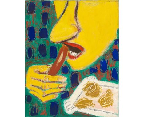 (See English version below)Peter Herrmann (Großschönau 1937 – lebt in Berlin). Auf den Geschmack gekommen. 1996Acryl auf Lein