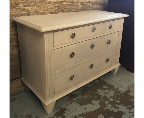 COMMODE, 19th century Gustavian style, traditionally grey painted with three long drawers and tapering supports, 115cm W.