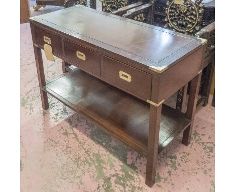 CONSOLE TABLE, Campaign style mahogany and brass with three frieze drawers over undertier shelf, 76cm H x 105cm x 45cm.