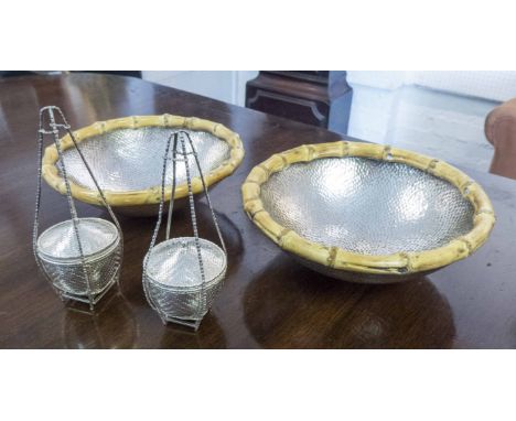 TWO SMALL SILVER BASKETS, and a pair of planished silver metal and bamboo bowls. (4)