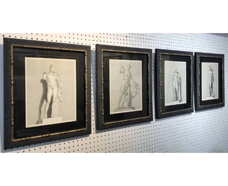 ROMAN CLASSICAL SCULPTURES, a set of four prints, depicting the Roman gods Minerva, Mercury, Hercules and Diana, framed and g