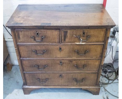 CHEST, early 18th century, George II walnut, of compact proportions, with two short of three long feather banded drawers rais