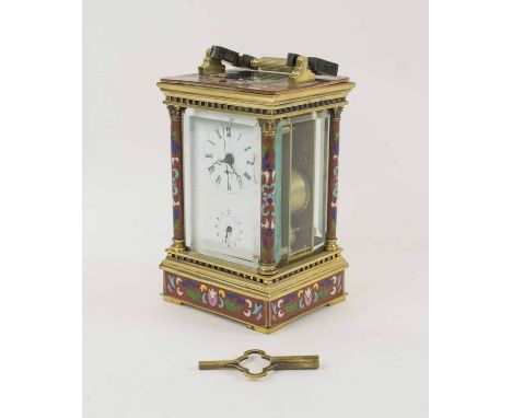 A CLOISONNE ENAMEL REPEATER CARRIAGE CLOCK, 17cm H. 