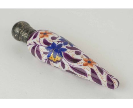 AN ANTIQUE PERSIAN STYLE PAINTED WHITE GLASS PERFUME BOTTLE, with silver screw on lid, Birmingham 1896.