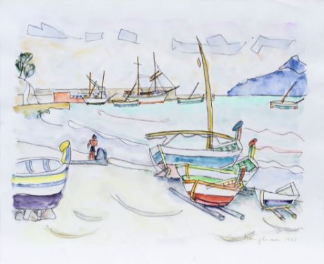 Ivo Hauptmann (Erkner 1886 - Hamburg 1973). Bunte Boote. 1960. Aquarell, 38,5 x 46,5 cm, r. u. sign. und dat. Ivo Hauptmann 1