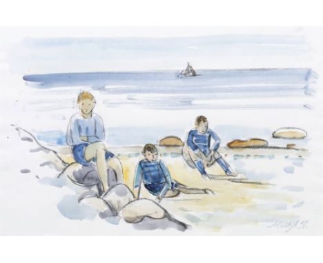 Emil Maetzel (Cuxhaven 1877 - Hamburg 1955). Drei Knaben am Strand. 1950. Aquarell und Kohlezeichnung, 30 x 46,5 cm, r. u. si