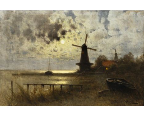 Walter Moras (Berlin 1856 - Berlin 1925). Mühle im Mondlicht. Öl/Lw., 62 x 91,5 cm, r. u. sign. W. Moras, min. rest. - Berlin