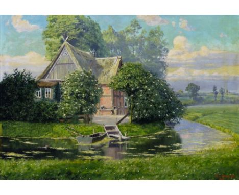 Richard de Bruycker (1884 - 1948). Gehöft am Fluss. 1903. Öl/Lw., 75 x 100 cm, r. u. sign. und dat. R. de Bruycker 1903, min.