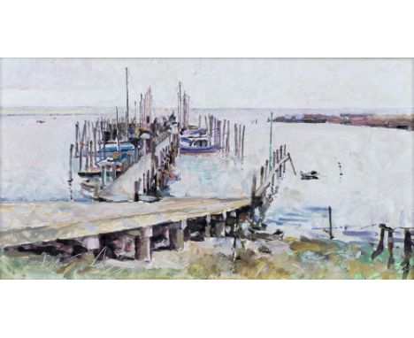 Uwe Bangert (Neumünster 1927 - 2017). Bootshafen von Rantum. Öl/Hartfaser, 25 x 50 cm, r. u. sign. U. Bangert und undeutlich 