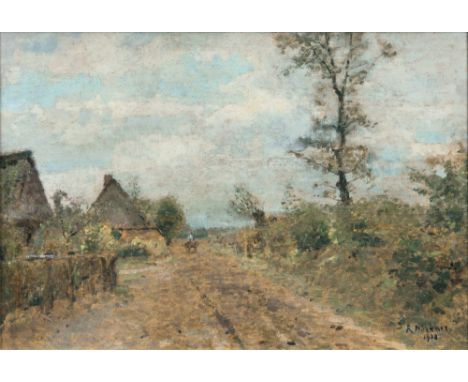 Rudolf Höckner (Wolkenstein 1864 - Bad Mergentheim 1942). Straße am Dorfrand. 1928. Öl/Karton, 34 x 49 cm, r. u. sign. und da