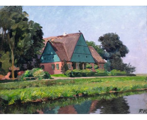 Friedrich Kallmorgen (Altona 1856 - Grötzingen 1924). Bauernhaus am Wasser. Öl/Lw./Karton, 42 x 53 cm, r. u. monogr. F. K., v