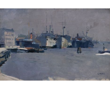Erich Kips (Berlin 1869 - Berlin 1945). Im Hamburger Hafen. Öl/Karton, 32,5 x 48,5 cm, r. u. sign. E. Kips. - Deutscher Marin