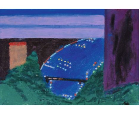 Arnold Fiedler (Hamburg 1900 - Hamburg 1985). Phantastische Landschaft mit nächtlichem Himmel. 1981. Öl/Karton, 47 x 64 cm, r