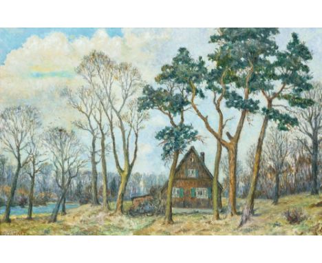 Ernst Eitner (Hamburg 1867 - Hamburg 1955). Alster mit Kiefern bei Hummelsbüttel. Öl/Karton, 38,5 x 60,5 cm, l. u. sign. E. E