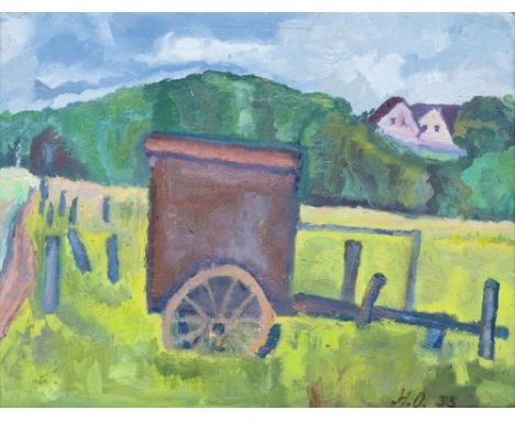 Hermine Overbeck-Rohte (Walsrode 1869 - Bremen 1937). Wagen auf der Weide. 1935. Öl/Karton, 24 x 31,5 cm, r. u. monogr. und d