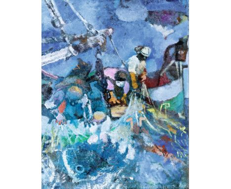 Franz Kaiser (Düren 1888 - Hamburg 1971). Der Fischzug. 1936. Öl/Hartfaser, 52 x 40 cm, r. u. sign. Franz Kaiser, verso auf E