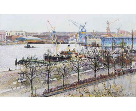Uwe Bangert (Neumünster 1927 - 2017). Der Dampfer Stella im Kieler Hafen. 1994. Tempera und Öl/Malkarton, 36 x 58 cm, r. u. s