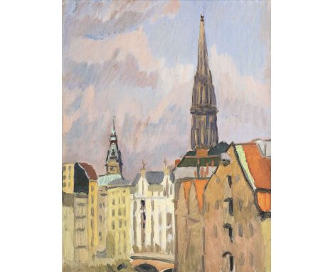 Paul Kayser (Hamburg 1869 - Donaueschingen 1942). Nikolaikirchturm und Rathausturm. Öl/Lw./Hartfaser, 52,5 x 40,5 cm, verso E