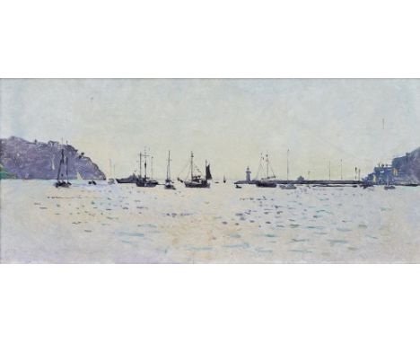 Uwe Bangert (Neumünster 1927 - 2017). Bucht mit Segelschiffen. 1988. Öl/Hartfaser, 16,5 x 39 cm, r. u. sign. und dat. U. Bang