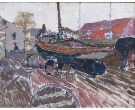 Paul Kayser (Hamburg 1869 - Donaueschingen 1942). Schiffswerft. Öl/Lw./Hartfaser, 42 x 52 cm, verso Etikett mit Bestätigung d