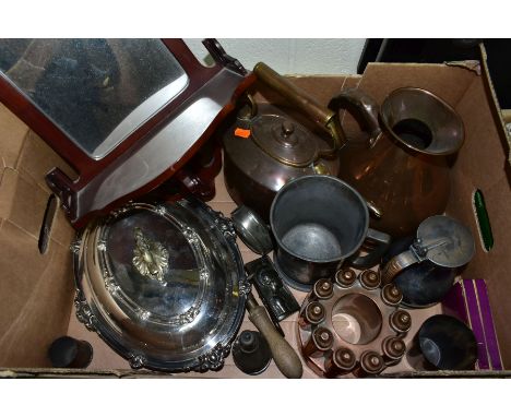 A BOX OF METALWARES, TREEN etc, including a circular copper jelly mould, numbered 331, diameter 14.5cm, a horn beaker, a silv