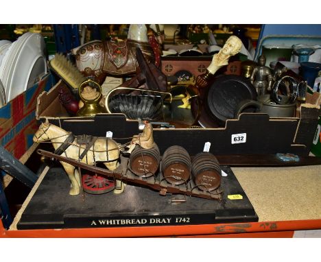 A BOX AND LOOSE TREEN, METALWARES etc to include a model of a Whitbread Dray (missing wheels), a brass money box in the form 