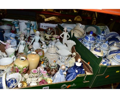 FOUR BOXES OF CERAMIC ORNAMENTS, DINNERWARES etc to include Royal Doulton Pretty Ladies 'Fragrance' figurine, other figurines