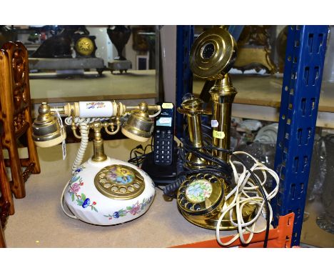 THREE TELEPHONES, comprising a modern reproduction candlestick telephone with rotary dial, an Aynsley Pembroke telephone in a