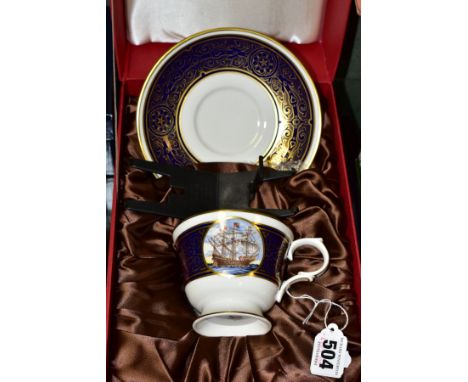 A BOXED SPODE COMMEMORATIVE CUP AND SAUCER FROM THE ARMADA SERIES, 'Ark Royal' (Condition:- good, box worn)