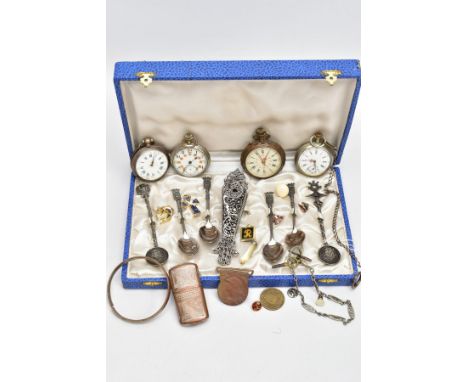 A BOX OF ASSORTED ITEMS, to include three open face pocket watches, a single brass tone open face pocket watch, a copper ligh