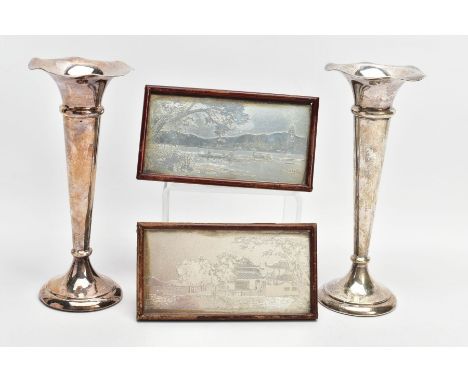 A PAIR OF SILVER POSY VASES AND TWO WHITE METAL PICTURES IN FRAMES, the posy vases of a tapered design, wavy rims, on round w