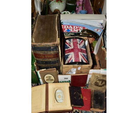 TWO BOXES OF CERAMICS, BOOKS AND SUNDRY ITEMS to include a large family Bible and other religious books (mainly Victorian), B