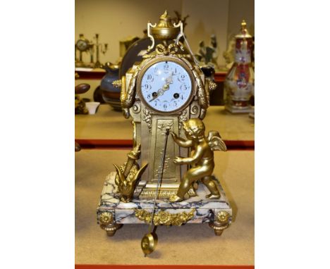 A FRENCH NEW CLASSICAL STYLE GILT METAL AND MARBLE MANTLE CLOCK, the enamel dial has Arabic numerals and hand painted floral 