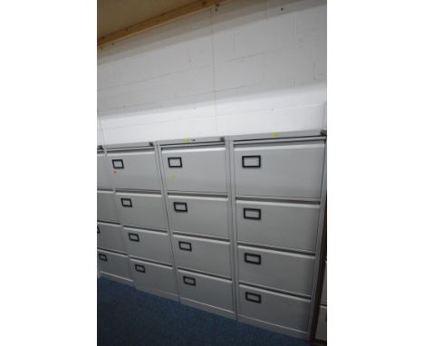THREE LIGHT GREY FOUR DRAWER FILING CABINETS, width 47cm x depth 63cm x height 132cm (each with one key)