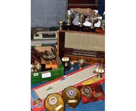 TWO BOXES OF MODERN TROPHIES AND LPS AND THREE OTHER ITEMS, comprising an HMV model 1376 radio in a walnut veneered case, s.d