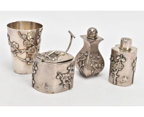A CHINESE SILVER CONDIMENT SET, comprising a salt with clear glass liner and two pepper pots with applied almond blossom deco