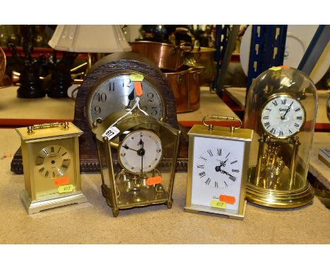 FIVE 20TH CENTURY/CONTEMPORARY CLOCKS to include Paico and President carriage clocks (the latters hands and movement are not 