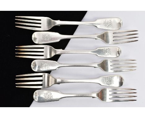 SIX SILVER FIDDLE PATTERN FORKS, each with an engraved monogram to the handle, all with London hallmarks dated between 1818-1