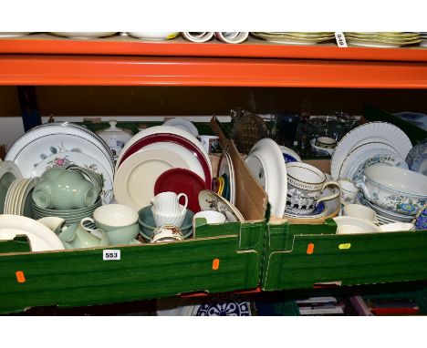 FIVE BOXES AND LOOSE CERAMICS, GLASS AND KITCHENWARES, to include set of six Morphy Richards saucepans, cast iron enamel cass